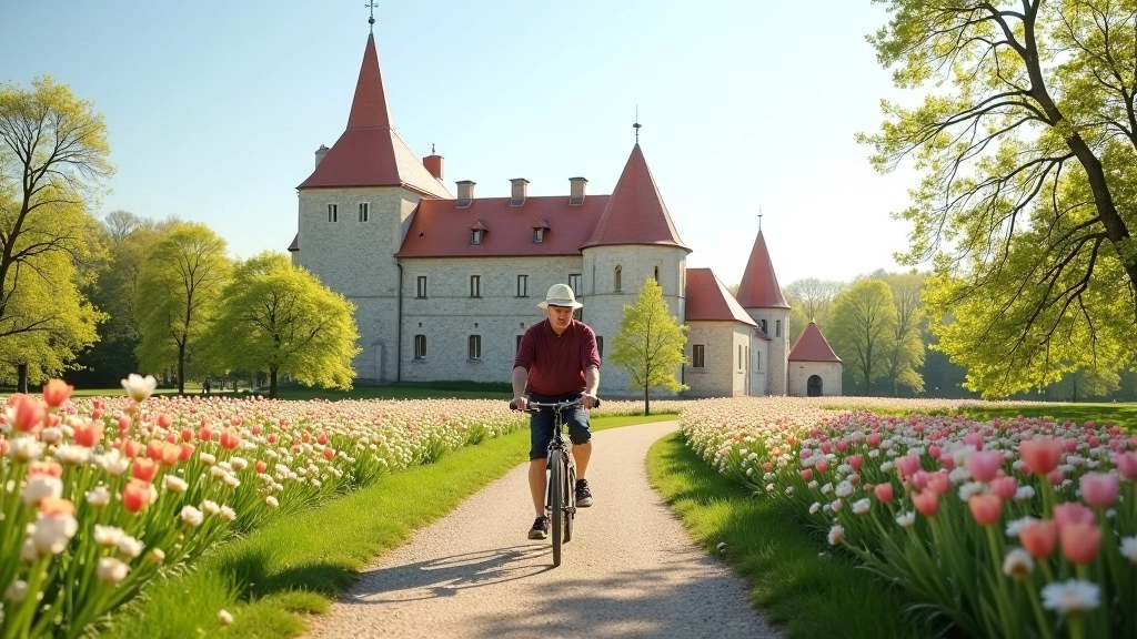 Vēsturiska Latvijas pils pavasara laikā ar ziedošiem dārziem